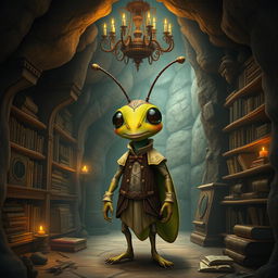 A whimsical humanized cricket character, standing upright with an expressive face and wearing a charming outfit inspired by medieval and baroque styles