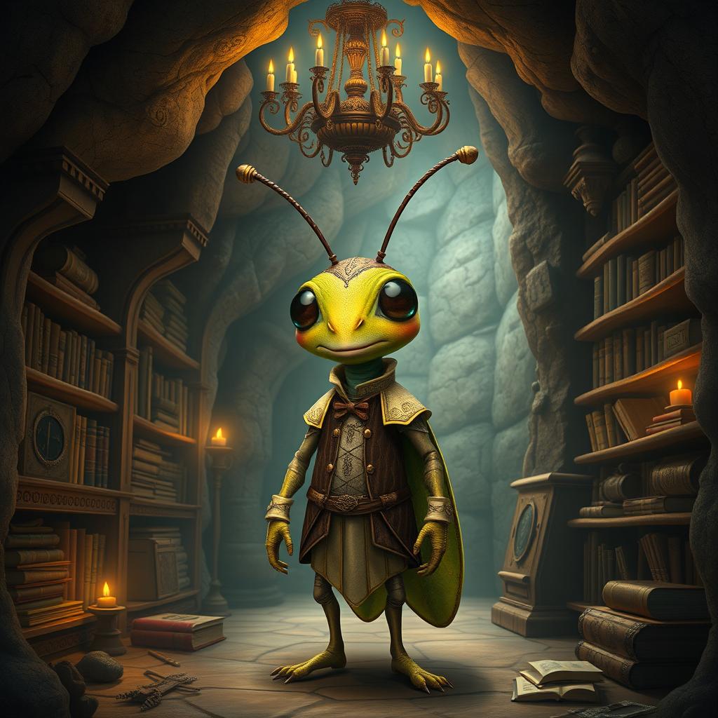 A whimsical humanized cricket character, standing upright with an expressive face and wearing a charming outfit inspired by medieval and baroque styles