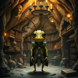 A whimsical humanized cricket character, standing upright with an expressive face and wearing a charming outfit inspired by medieval and baroque styles