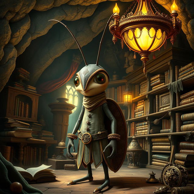 A whimsical humanized cricket character, standing upright with an expressive face and wearing a charming outfit inspired by medieval and baroque styles