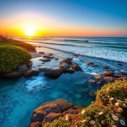 A beautiful landscape capturing the moment where a crystal-clear spring meets the vast ocean