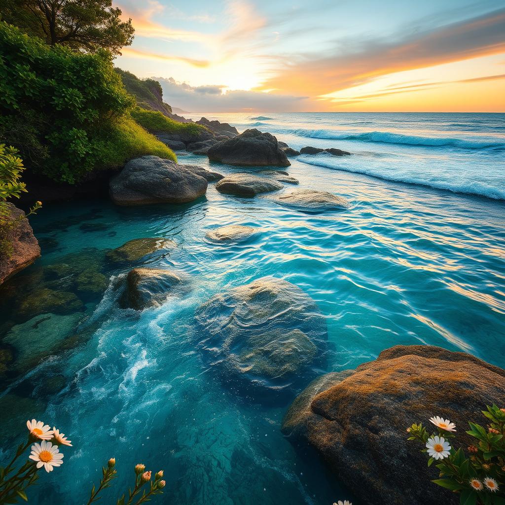 A beautiful landscape capturing the moment where a crystal-clear spring meets the vast ocean