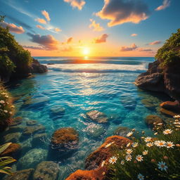 A beautiful landscape capturing the moment where a crystal-clear spring meets the vast ocean