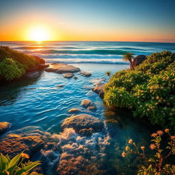 A beautiful landscape capturing the moment where a crystal-clear spring meets the vast ocean