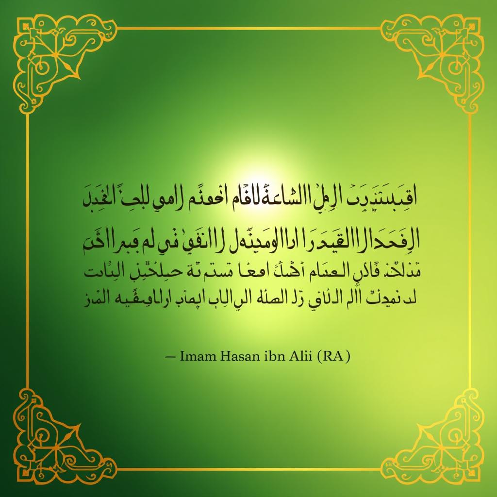 A beautifully designed graphic featuring a quote attributed to Imam Hasan ibn Ali (RA) in elegant Arabic calligraphy