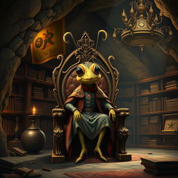 A whimsical humanized cricket character, sitting proudly on a grand throne, wearing a charming outfit inspired by medieval and baroque styles