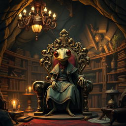 A whimsical humanized cricket character, sitting proudly on a grand throne, wearing a charming outfit inspired by medieval and baroque styles