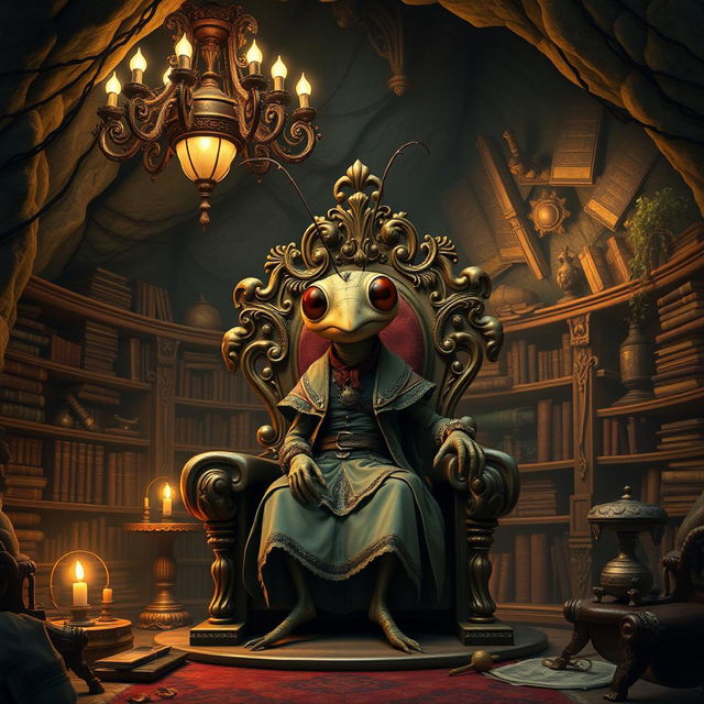 A whimsical humanized cricket character, sitting proudly on a grand throne, wearing a charming outfit inspired by medieval and baroque styles