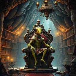 A whimsical humanized cricket character, sitting proudly on a grand throne, wearing a charming outfit inspired by medieval and baroque styles