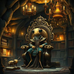 A whimsical humanized cricket character, sitting proudly on a grand throne, wearing a charming outfit inspired by medieval and baroque styles