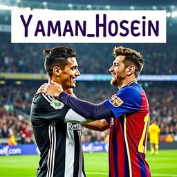 A heartwarming scene of Cristiano Ronaldo and Lionel Messi embracing each other in a friendly manner, showcasing camaraderie and mutual respect