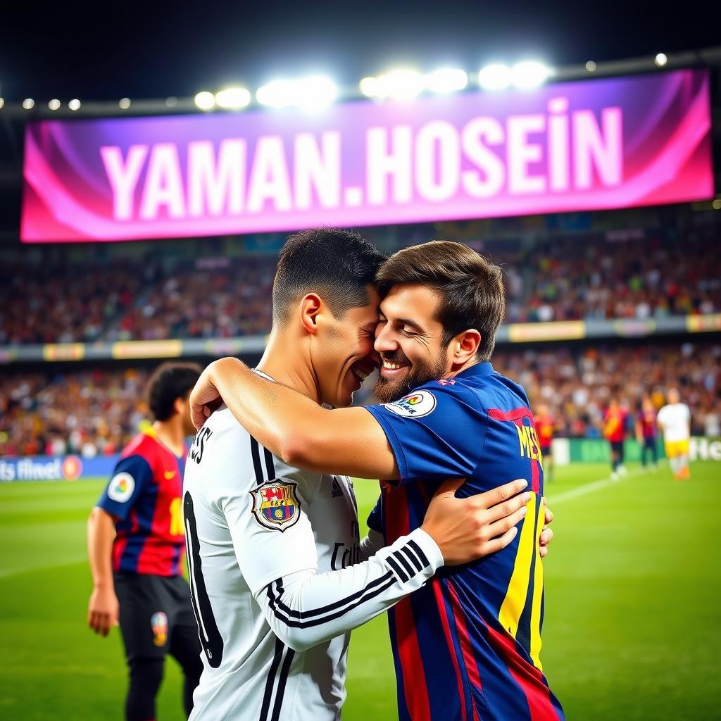A heartwarming scene of Cristiano Ronaldo and Lionel Messi embracing each other in a friendly manner, showcasing camaraderie and mutual respect
