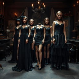 A stunning fashion design collection featuring dresses made from luxurious black fabric, embodying a vintage yet edgy rock style tailored for metal girls