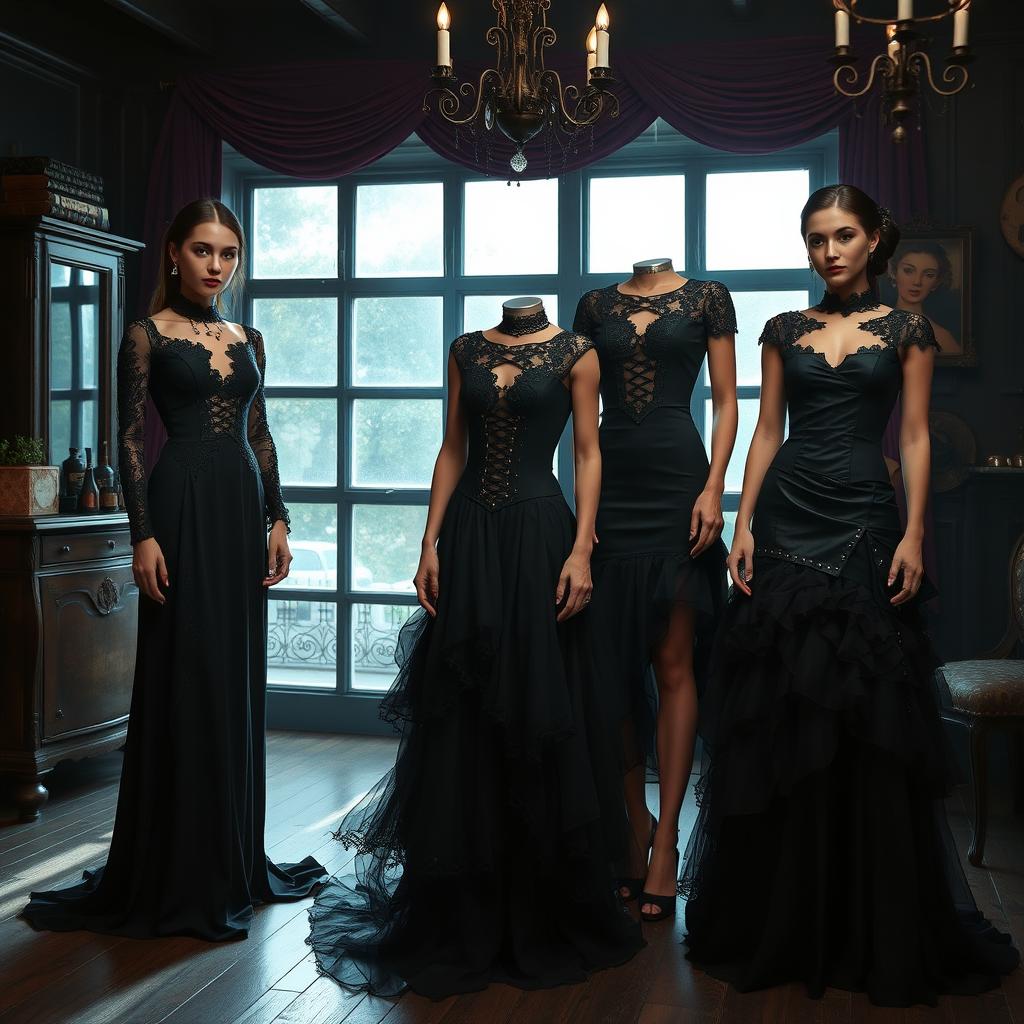 A stunning fashion design collection featuring dresses made from luxurious black fabric, embodying a vintage yet edgy rock style tailored for metal girls