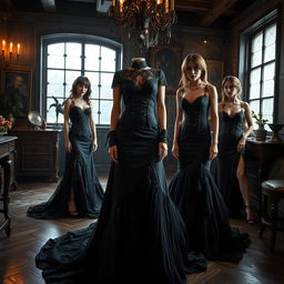 A stunning fashion design collection featuring dresses made from luxurious black fabric, embodying a vintage yet edgy rock style tailored for metal girls