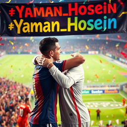 A joyful scene depicting Cristiano Ronaldo and Lionel Messi embracing each other in a friendly hug, symbolizing rivalry turned friendship