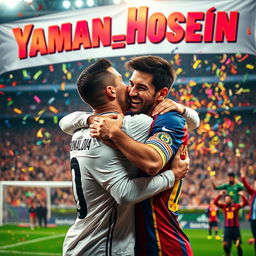 A joyful scene depicting Cristiano Ronaldo and Lionel Messi embracing each other in a friendly hug, symbolizing rivalry turned friendship
