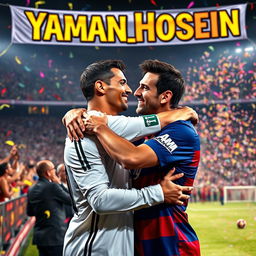 A joyful scene depicting Cristiano Ronaldo and Lionel Messi embracing each other in a friendly hug, symbolizing rivalry turned friendship