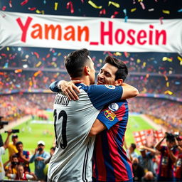 A joyful scene depicting Cristiano Ronaldo and Lionel Messi embracing each other in a friendly hug, symbolizing rivalry turned friendship