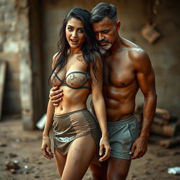 A full-length intimate photo shoot depicting a stunning 22-year-old Arab woman in a transparent wet microskirt, playfully covered in dirt, showcasing her sexy boobs, hot navel, and seductive thighs