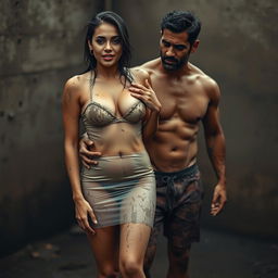 A full-length intimate photo shoot depicting a stunning 22-year-old Arab woman in a transparent wet microskirt, playfully covered in dirt, showcasing her sexy boobs, hot navel, and seductive thighs