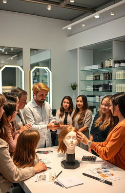 An engaging scene depicting a professional hair care therapy course in a stylish beauty salon