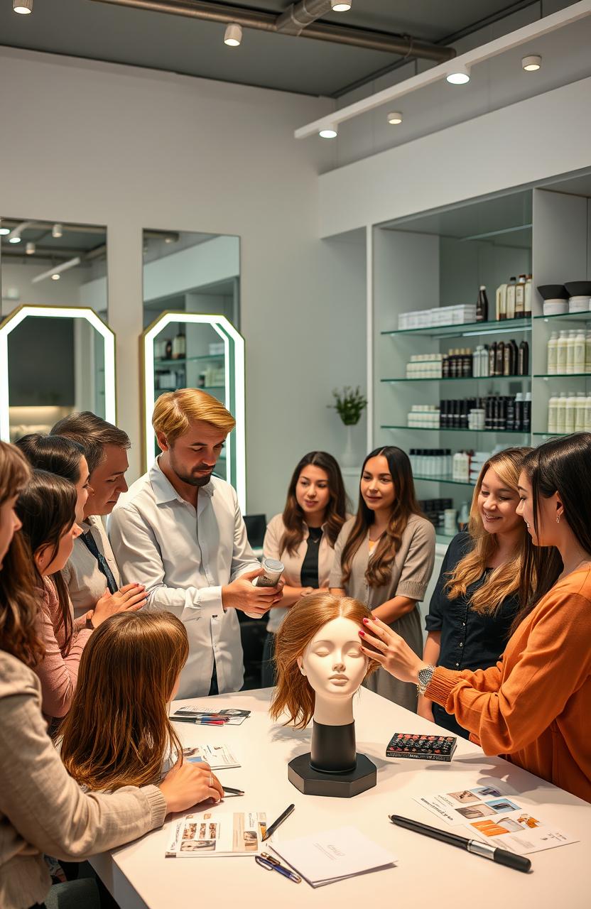 An engaging scene depicting a professional hair care therapy course in a stylish beauty salon