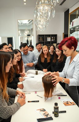An engaging scene depicting a professional hair care therapy course in a stylish beauty salon