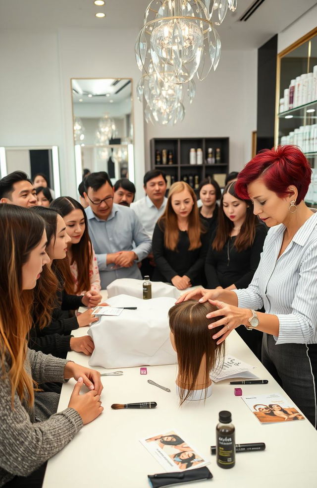 An engaging scene depicting a professional hair care therapy course in a stylish beauty salon