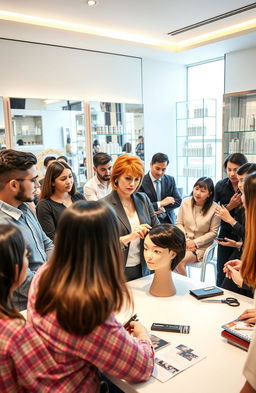 An engaging scene depicting a professional hair care therapy course in a stylish beauty salon