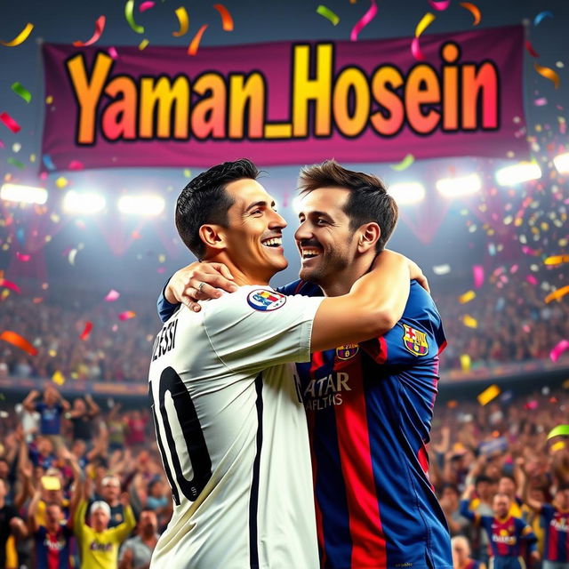 A cheerful scene featuring Cristiano Ronaldo and Lionel Messi sharing a warm hug, symbolizing friendship and sportsmanship