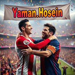 A cheerful scene featuring Cristiano Ronaldo and Lionel Messi sharing a warm hug, symbolizing friendship and sportsmanship