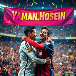 A cheerful scene featuring Cristiano Ronaldo and Lionel Messi sharing a warm hug, symbolizing friendship and sportsmanship