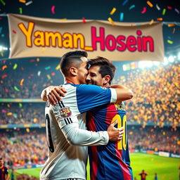 A cheerful scene featuring Cristiano Ronaldo and Lionel Messi sharing a warm hug, symbolizing friendship and sportsmanship