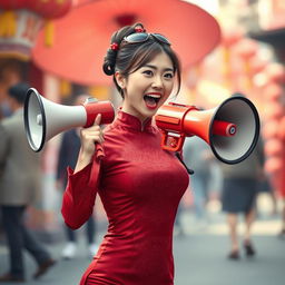 A Chinese girl wearing a sexy red maroon traditional Chinese outfit, consisting of a fitted dress that highlights her figure