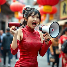 A Chinese girl wearing a sexy red maroon traditional Chinese outfit, consisting of a fitted dress that highlights her figure