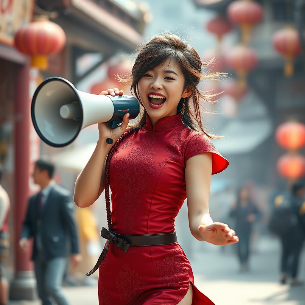 A Chinese girl wearing a sexy red maroon traditional Chinese outfit, consisting of a fitted dress that highlights her figure