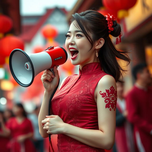 A Chinese girl wearing a sexy red maroon traditional Chinese outfit, consisting of a fitted dress that highlights her figure