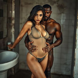 A full-length intimate photo shoot featuring a stunning 22-year-old Arab woman in a transparent wet tankini, playfully covered in dirt, accentuating her sexy boobs, hot navel, and seductive thighs
