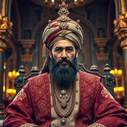 An ancient Muslim ruler dressed in majestic attire, featuring a beautifully embroidered tunic and ornate patterns reflecting the intricate artistry of the time