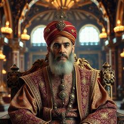 An ancient Muslim ruler dressed in majestic attire, featuring a beautifully embroidered tunic and ornate patterns reflecting the intricate artistry of the time