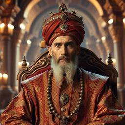 An ancient Muslim ruler dressed in majestic attire, featuring a beautifully embroidered tunic and ornate patterns reflecting the intricate artistry of the time