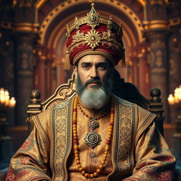 An ancient Muslim ruler dressed in majestic attire, featuring a beautifully embroidered tunic and ornate patterns reflecting the intricate artistry of the time