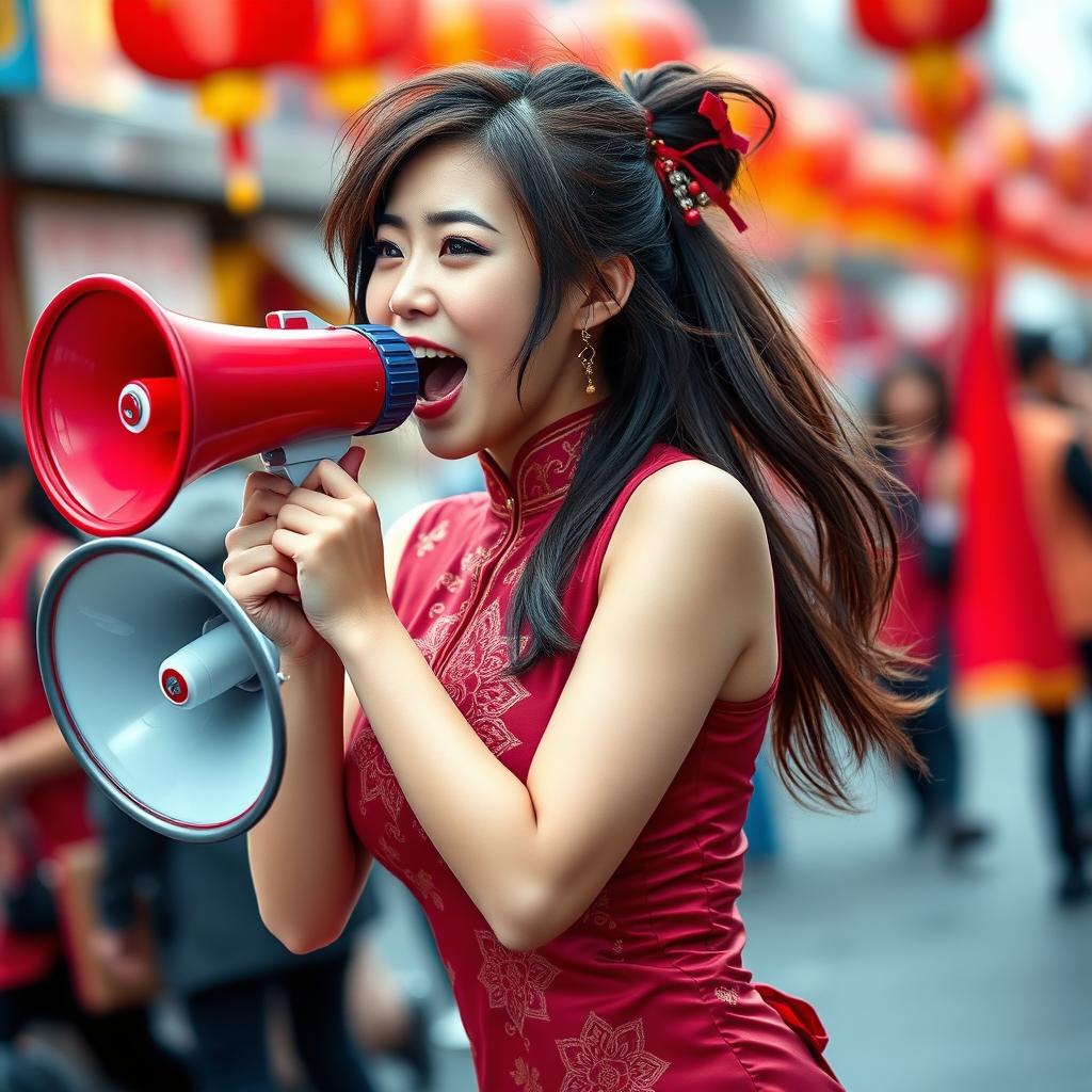 A Chinese girl wearing a sexy red maroon traditional Chinese outfit, featuring a form-fitting design that accentuates her figure