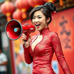 A Chinese girl wearing a sexy red maroon traditional Chinese outfit, featuring a form-fitting design that accentuates her figure
