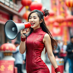 A Chinese girl wearing a sexy red maroon traditional Chinese outfit, featuring a form-fitting design that accentuates her figure