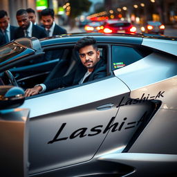 A stylish 24-year-old man sitting confidently in a luxurious sports car, exuding charisma and charm