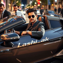 A stylish 24-year-old man sitting confidently in a luxurious sports car, exuding charisma and charm