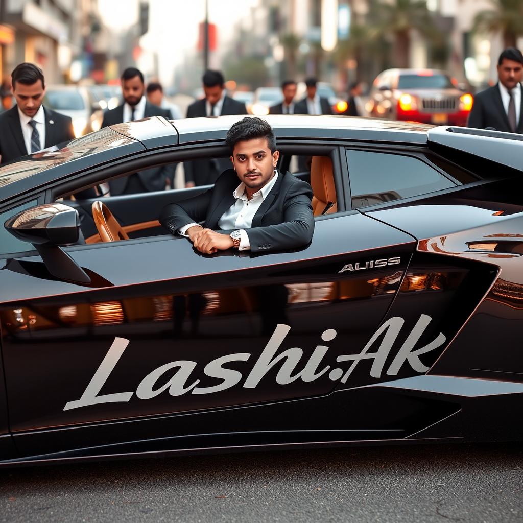 A stylish 24-year-old man sitting confidently in a luxurious sports car, exuding charisma and charm