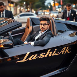 A stylish 24-year-old man sitting confidently in a luxurious sports car, exuding charisma and charm